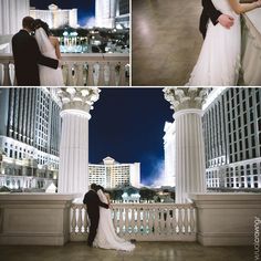 the bride and groom are posing for pictures in front of some tall buildings at night