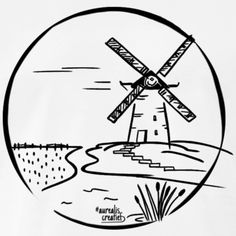 a black and white drawing of a windmill in the middle of a field with water