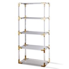 the gold and clear shelving unit has three shelves on each side, one is empty