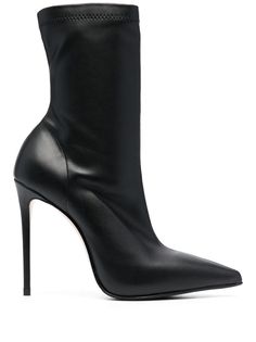 black faux leather/goatskin/leather pointed toe pull-on style ankle-length 120mm heel high stiletto heel branded insole leather sole Black Ankle Boots Heels, Black Pointed Toe Heeled Boots With Branded Heel, Boots Png, Luxury Black Almond Toe Heeled Boots, Black Leather Stiletto Ankle Boots, Le Silla Boots, Luxury Black Ankle Heeled Boots, Le Silla Shoes, Pointed Ankle Boots