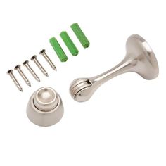 an assortment of knobs and screws on a white background, including one with green handles