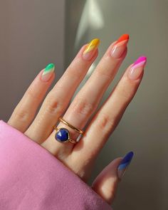 Nails And Rings, Color Block Nails, Multicolored Nails, Changing Leaves, Crisp Air, Fall Leaf, Rainbow Nails, Hot Nails, Nail Art Summer