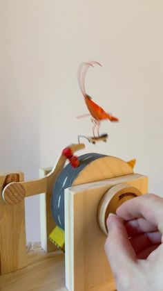 a person is playing with an object made out of plywood and wood, while another bird sits on top of it