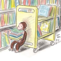 a drawing of a monkey sitting in front of a bookcase with books on it