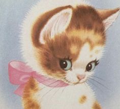 a painting of a kitten with blue eyes and pink bow tie on it's neck