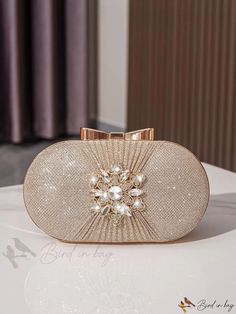 Bird in Bag - Rhinestone-Embellished Clutch Bag with Matching Chain Shoulder Strap Gold Rhinestone Clutch Fashion Accessory, Gold Crystal Embellished Clutch, Gold Embellished Crystal Clutch, Circle Bag, Embellished Clutch, Chain Bag, Bird In Bag, Mini Fashion, Chain Bags