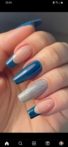 Blue And Silver Nails, Silver Nail Designs, Navy Blue Nails, Yellow Nails, Fabulous Nails, Nail Decorations