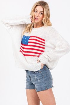 Product Details: ❥ Color: White ❥ Lightweight sweater material ❥ Pullover style ❥ Vibrant American flag detail ❥ Long sleeve ❥ Relaxed / comfy fit ❥ Contrasting ribbed hemlines ❥ Fabric Contents: 100% Acrylic American Flag Sweater, Raglan Sleeve Sweater, Pullover Outfit, Show Me Your Mumu, Sweater Sale, Clothing Size Chart, Womens Clothing Sizes, Show Me Your, Light Weight Sweater