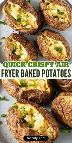 some baked potatoes are on a plate with the words quick crispy air fryer baked potatoes