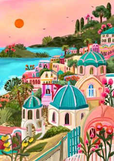 a painting of colorful houses and flowers on a hillside by the ocean with pink sky