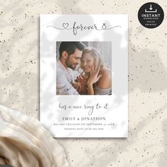 a wedding announcement with a photo on it and the words forever written in cursive font