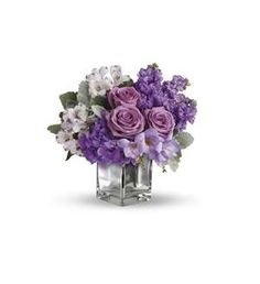 purple flowers in a square vase on a white background