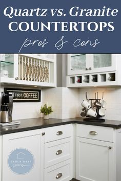 a kitchen with white cabinets and black counter tops, the words quartz vs granite countertops