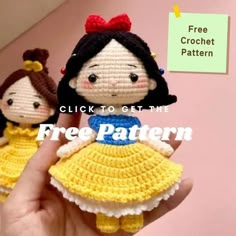 two crocheted dolls in yellow dresses are shown with the text, click to get the free pattern