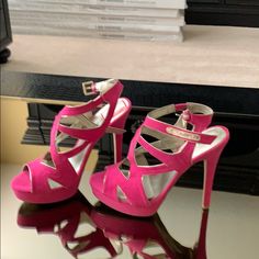 Never Worn Adorable Pink Platforms. Perfect Condition. Chic Pink Sandals With Cushioned Footbed, Pink Open Heel Heels, Pink Open Toe Heels With Cushioned Footbed, Spring Party Heels With Cushioned Footbed, Pink Platforms, Guess Shoes, Pink Sandals, Pink Heels, Sandals