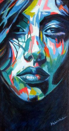 a painting of a woman's face with colorful paint streaks on her face and shoulders