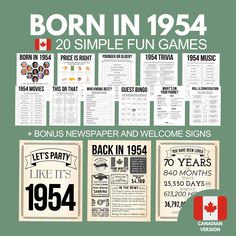 the poster for born in 1934 is displayed on a green background with canada's flag