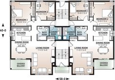 the floor plan for an apartment building with three floors and two balconies on each level