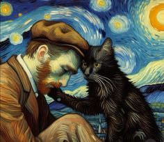 a painting of a man with a cat in front of a starry night sky