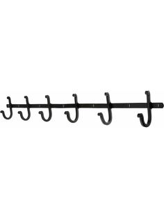 a black metal rack with hooks on it