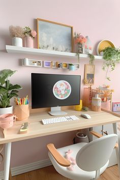 Bright modern girly desk setup Girly Desk Aesthetic, Colourful Desk Setup, Girly Desk Decor, Colorful Desk Setup, Girly Desk Setup, Girly Workspace, Pastel Desk Setup, Home Office Girly, Girly Setup