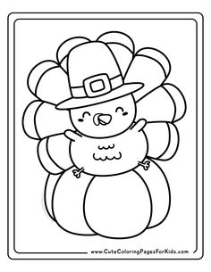 a thanksgiving turkey with a pilgrim hat on it's head, coloring page for kids