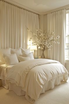 a white bed sitting in a bedroom next to a window with curtains on both sides