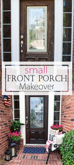 a small front porch makeover with brick steps and potted plants on the side