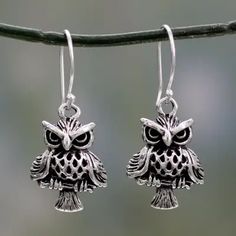 Unique Bird Theme Sterling Silver Owl Dangle Earrings - Owl at Midnight | NOVICA Sterling Silver Owl, Unique Handmade Earrings, Silver Jewellery Indian, Owl Earrings, Silver Owl, Bird Theme, Printed Jewelry, Silver Dangle Earrings, Sterling Silver Dangle Earrings