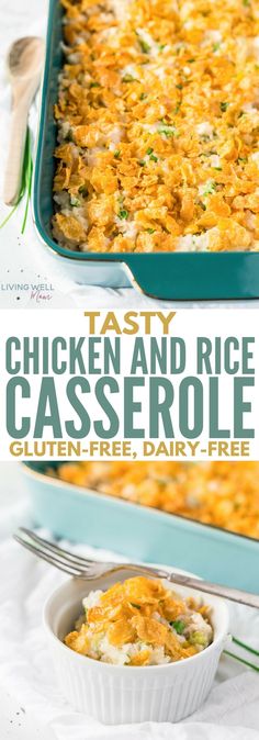 chicken and rice casserole with text overlay