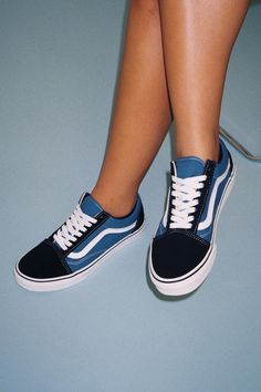 Grab the Vans Old Skool Navy Color Block Lace-Up Sneakers anytime you want to look casually iconic! Durable genuine suede leather and canvas fabric (in hues of navy, black, and white) come together to shape these must-have kicks with a rounded toe upper and a lace-up vamp with white laces. Signature Sidestripeâ„¢ accents the insole and outsole. Low-cut, padded collar tops a sturdy bumper sole that features the signature waffle outsole! Logo tag at the heel. 1" rubber heel. Cushioned insole. Rubb Navy Casual Vans Sneakers, Casual Navy Vans Sneakers, Vans Colors, Vans Old Skool Navy, Van Color, Lulu Fashion, Leather And Canvas, Logo Tag, Vans Sneakers