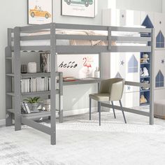 a loft bed with desk underneath it and bookshelves on the bottom bunk beds