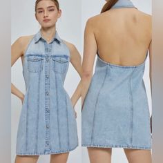 Denim Halter Mini Dress Open Back Front Button Detail Light Wash Denim Mini Dress With Pockets, Summer Washed Blue Dresses With Button Closure, Summer Washed Blue Dress With Button Closure, Blue Denim Dresses With Button Closure, Spring Medium Wash Button-up Mini Dress, Button-up Denim Blue Denim Dresses, Spring Denim Mini Dress With Snap Buttons, Washed Blue Denim Dress With Buttons, Medium Wash Spring Dresses With Snap Buttons