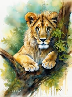 a painting of a lion resting on a tree branch