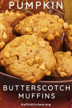 some muffins are sitting in a bowl on a table with the words butterscotch muffins