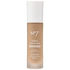 Get your best looking skin with No7's Lift & Luminate Triple Action Serum Foundation. This formula is enriched with age-defying skincare technology from No7's highly acclaimed Lift & Luminate Triple Action Serum: Matrixyl 3000 Plus, No7's most effective anti-wrinkle peptide technology; Hibiscus and Vitamins A and C to help reduce the appearance of pigmentation. The flexible formula moves with the skin, ensuring it doesn't migrate into lines and wrinkles, while a unique blend of optical blurrers No 7 Products, No7 Makeup, Skincare Technology, Pumpkin Carving Kits, Matrixyl 3000, Serum Foundation, Skin Foundation, Matte Foundation, Broad Spectrum Sunscreen