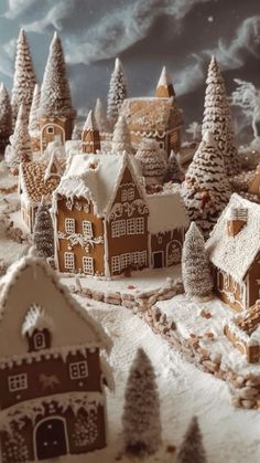 there are many gingerbread houses in the snow