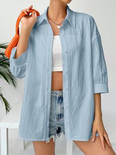 Solid Drop Shoulder Button Front Beach Shirt Dusty Blue Casual  Half Sleeve Woven Fabric Plain Shirt Non-Stretch  Women Clothing, size features are:Bust: ,Length: ,Sleeve Length: Vacation Button-up Solid Color Shirt, Summer Beach Shirt In Solid Color, Blue Long Sleeve Beach Shirt, Summer Collared Tops In Solid Color, Solid Button-up Beach Shirt, Summer Solid Color Button-up Top, Solid Color Button-up Beach Shirt, Summer Collared Blouse With Buttons, Solid Color Button-up Shirt For Beach Season