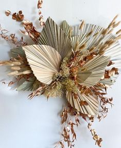 an arrangement of dried flowers on a white wall in the shape of a starburst