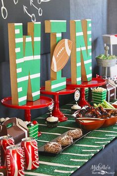 a football themed birthday party with snacks and desserts