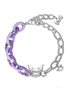 Elevate your accessory game with our exclusive Kuromi collaboration silver and purple bracelet. This unique piece features a sleek design with a pop of color, perfect for adding a touch of edgy charm to your outfit.   Please note that this product includes only one bracelet. Trendy Purple Jewelry With Chain, Trendy Silver Charm Bracelet With Extender, Trendy Purple Jewelry For Everyday, Trendy Purple Everyday Jewelry, Trendy Everyday Purple Jewelry, Male Steampunk, Steampunk Fashion Female, Steampunk Fashion Male, Tie Necklace