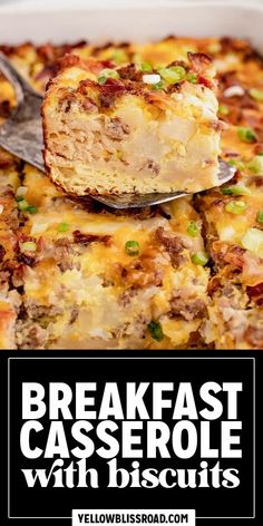 breakfast casserole with biscuits in a white baking dish and text overlay