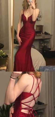 New Arrival Sleeveless Spaghetti Straps V-neck Mermaid Burgundy Prom D – RomanBridal Deep Red Prom Dress Long, Red Hoco Dress Long, Off The Shoulder Prom Dress, Prom Dress Mermaid, Grey Evening Dresses, Prom Dresses With Pockets