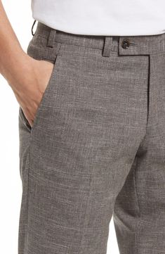 A dense texture elevates handsome Italian dress pants shaped from a smart, stretchy blend of wool, cotton and linen. 37" inseam; 15" leg opening; 9 1/4" front rise; 16" back rise (size 36) Unhemmed. Get the perfect fit—book an appointment with one of our alterations experts 48% wool, 40% cotton, 10% linen, 2% elastane Dry clean Made in Italy Formal Structured Bottoms With Welt Pockets, Classic Tailored Structured Bottoms, Tailored Structured Business Pants, Modern Tailored Structured Pants, Tailored Linen Dress Pants For Work, Structured Fitted Business Pants, Structured Fitted Bottoms For Business Casual, Fitted Structured Pants For Workwear, Tailored Structured Pants For Business Casual