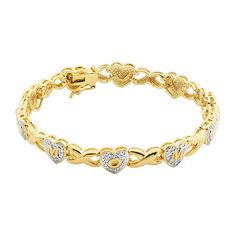 She's brightened your life numerous times; return the favor with this diamond-accent link bracelet that spells out "MOM" across the hearts.Metal: 18K two-tone gold over brassStone: Diamond accentClosure: BoxDimensions: 8mm wide; 7¼" longSome diamonds may consist of fewer than 17 facets.Jewelry photos are enlarged to show detail. Elegant Heart Bracelet For Anniversary, Gold Cubic Zirconia Bracelet With Diamond Accents For Anniversary, Classic Heart-shaped Diamond Bracelet For Anniversary, Anniversary Name Bracelet With Cubic Zirconia Jubilee Style, Mother's Day Yellow Gold Name Bracelet, Classic Cubic Zirconia Heart Bracelet As Gift, Classic Heart Bracelet In Cubic Zirconia As Gift, Heart-shaped Diamond Bracelets For Anniversary, Yellow Gold Bracelets For Anniversary On Valentine's Day