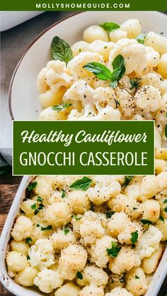 cauliflower gnocchi casserole in a white dish with herbs on top