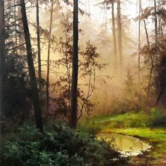 a painting of trees and water in the middle of a forest with fog on them