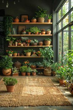 a room filled with lots of potted plants on top of shelves next to windows