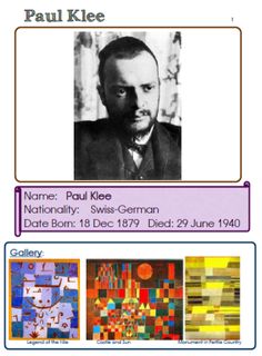 the poster for paul klee's exhibition is shown in purple and orange colors