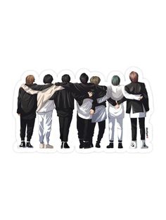 a group of people standing next to each other in front of a white background with black and